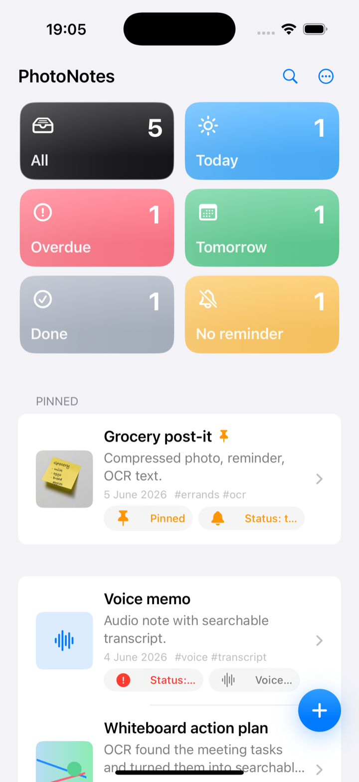 PhotoNotes dashboard showing filter cards and demo notes